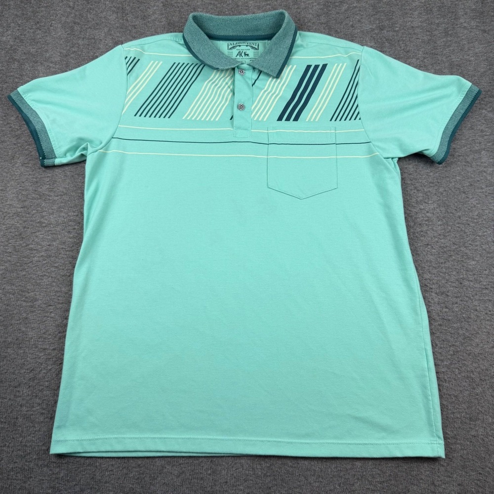 Albertini Polo Shirt Mens Large Teal Green Striped Short Sleeve Pocket Casual